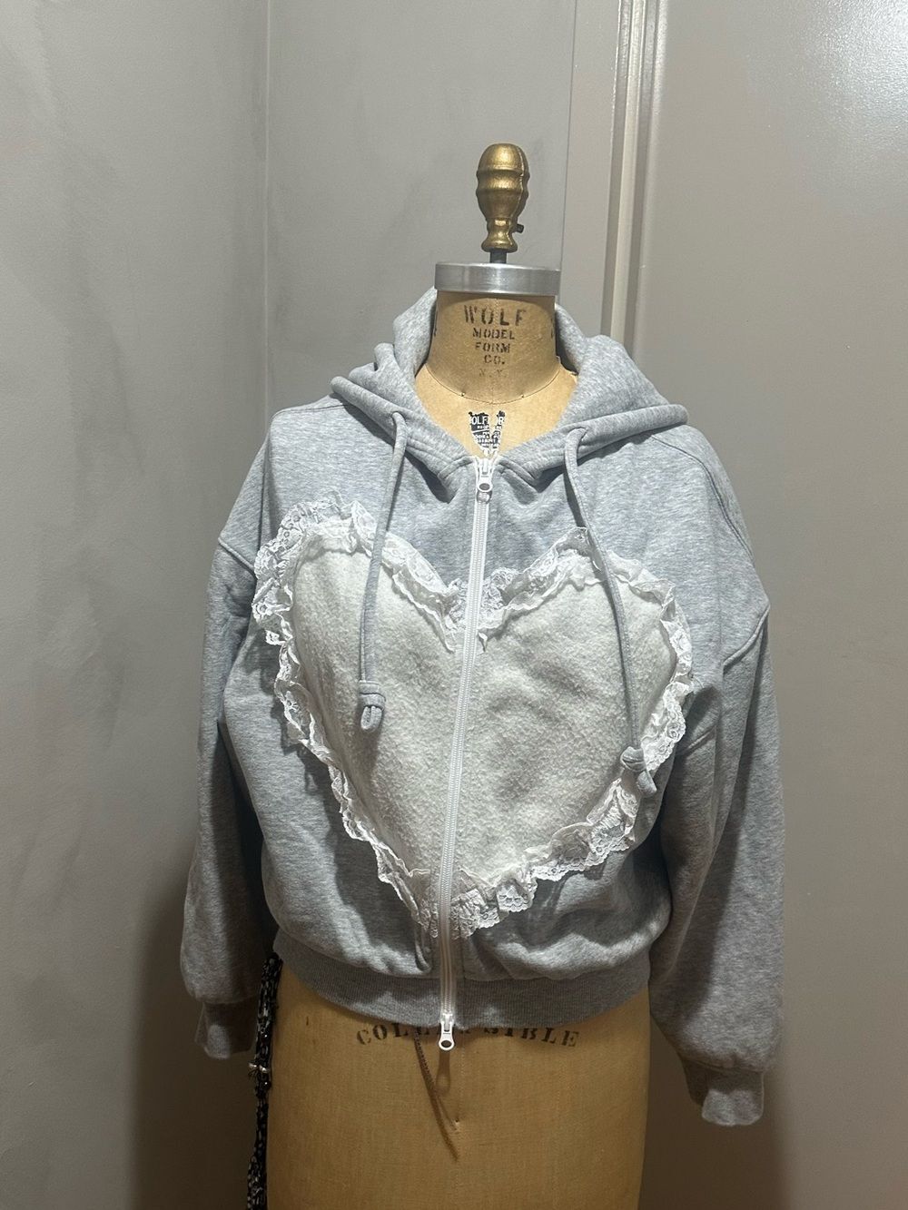 Urban Outfitters Light Gray Heart Appliqué Zip Hoodie